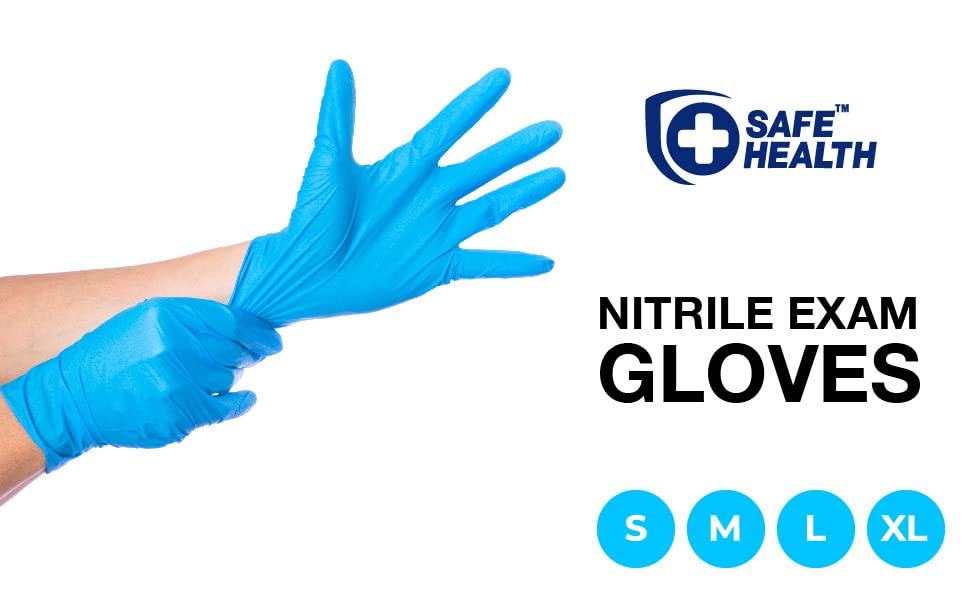 Safe Health Blue Nitrile Exam Gloves,100-Count S M L XL,3.5 Mil Free of Powder-Latex,Disposable-Textured,Clinic-Office-Daily,Medical,First-Aid,Clinics,Cooking,Cleaning,Puncture-Resistant,FIY1063G