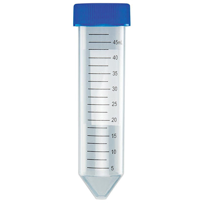United Scientific™ D1001-C Polypropylene Centrifuge Tube with Attached Blue Flat Top Screw Cap, Sterile, Printed Graduation, Bag Pack, 50mL Capacity (Case of 500)
