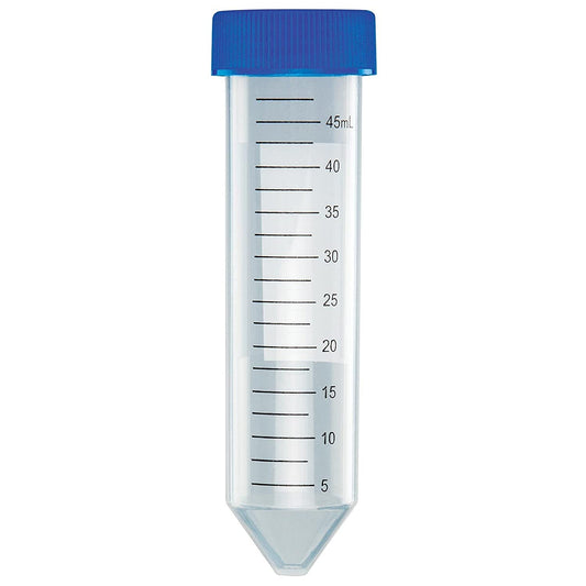 United Scientific™ D1001-C Polypropylene Centrifuge Tube with Attached Blue Flat Top Screw Cap, Sterile, Printed Graduation, Bag Pack, 50mL Capacity (Case of 500)