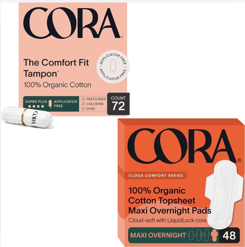 Cora Organic Feminine Care | Non-Applicator Ultra-Absorbent S/S+ Tampons & Organic Cotton Maxi Pads | Eco-Conscious, Overnight Absorbency | 72 Tampons & 48 Pads