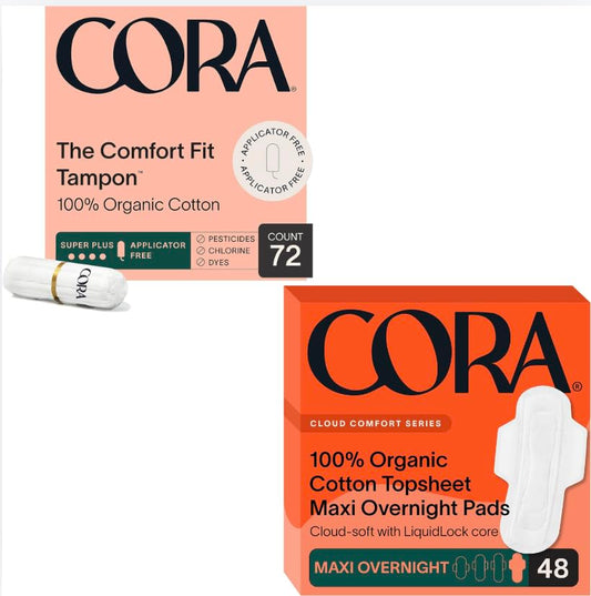 Cora Organic Feminine Care | Non-Applicator Ultra-Absorbent S/S+ Tampons & Organic Cotton Maxi Pads | Eco-Conscious, Overnight Absorbency | 72 Tampons & 48 Pads