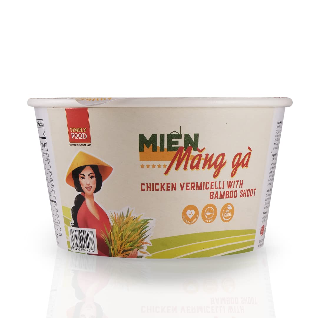 SIMPLY FOOD Instant Chicken and Bamboo Glass Noodles (Miến Măng Gà) - 9 BOWLS/ 55g each – Chewy, Clear Glass Vermicelli Noodles in a Savory Chicken and Bamboo Broth