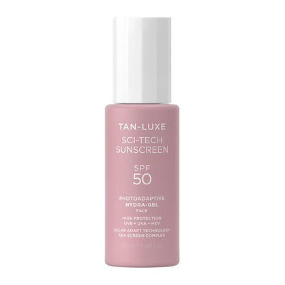 Tan-Luxe Sci-Tech Sunscreen, Lightweight Photoadaptive Hydra-Gel Face Sunscreen, Clear, Non-Greasy, Broad Spectrum UVB & UVA Protection, Vegan & Fast-Drying, 1.69 fl. oz/50 ml Bottle