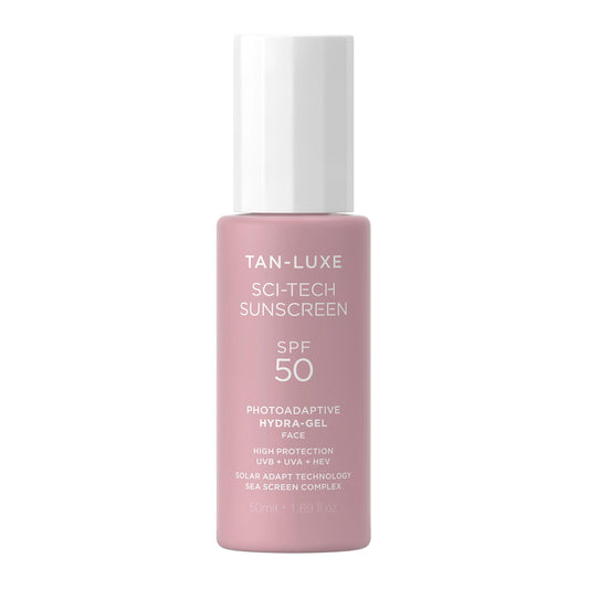 Tan-Luxe Sci-Tech Sunscreen, Lightweight Photoadaptive Hydra-Gel Face Sunscreen, Clear, Non-Greasy, Broad Spectrum UVB & UVA Protection, Vegan & Fast-Drying, 1.69 fl. oz/50 ml Bottle