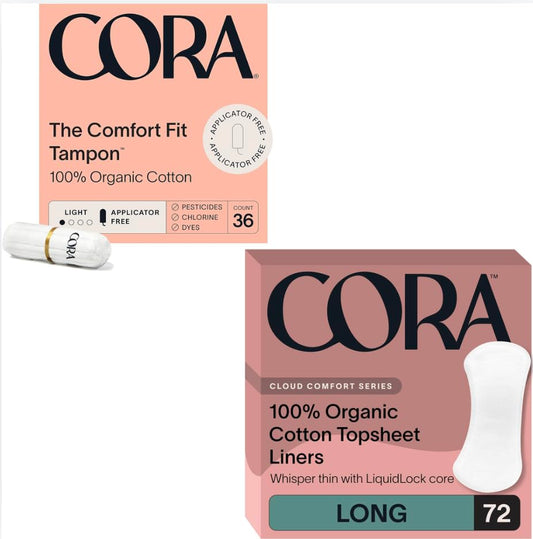 Cora Organic Period Essentials | Non-Applicator Ultra-Absorbent Tampons & Long Organic Cotton Liners | 100% Organic, Unscented, Hypoallergenic | Quick Absorbency, Dermatologically Tested | Eco-Conscio