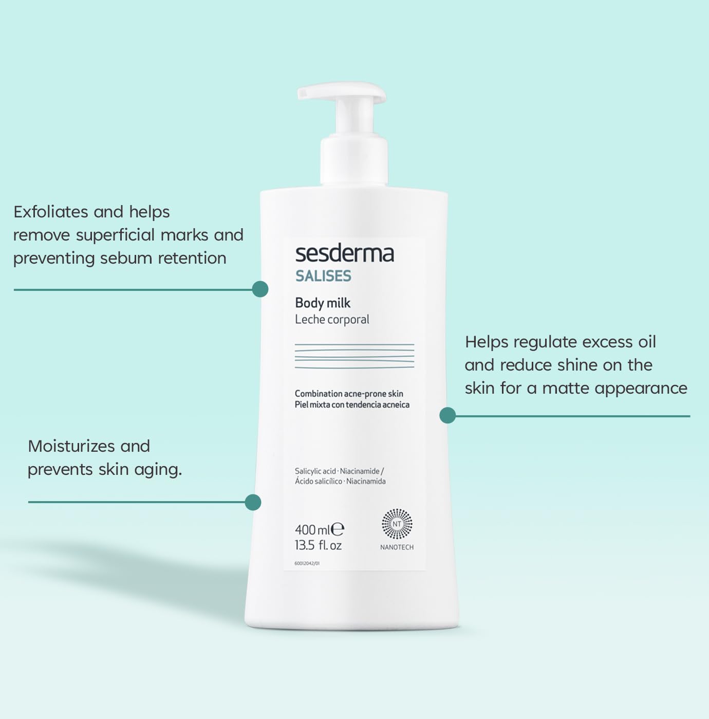 Sesderma SALISES Body Milk | Body Moisturizer | Acne-prone Skins | Oil Control | Sebum Regulator 13.5 fl. Oz
