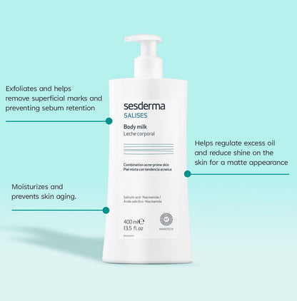 Sesderma SALISES Body Milk | Body Moisturizer | Acne-prone Skins | Oil Control | Sebum Regulator 13.5 fl. Oz