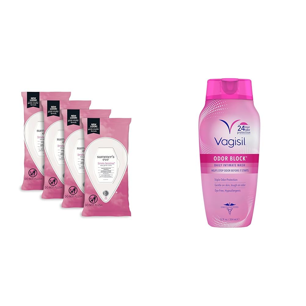 Summer's Eve Simply Sensitive Feminine Wipes, 32 Count (4 Pack) & Vagisil Feminine Wash, Odor Block, 12 oz (1 Pack)