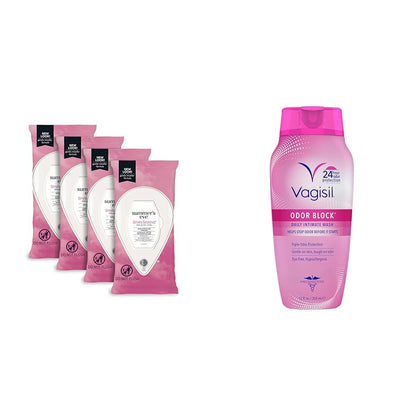 Summer's Eve Simply Sensitive Feminine Wipes, 32 Count (4 Pack) & Vagisil Feminine Wash, Odor Block, 12 oz (1 Pack)