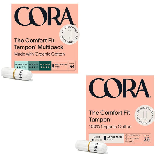 Cora 100% Organic Cotton Non-Applicator Tampons | Ultra-Absorbent, Unscented, Natural, Non-Toxic | Eco-Conscious | 90 Total (54 R/S/S+ & 36 Light Tampons)