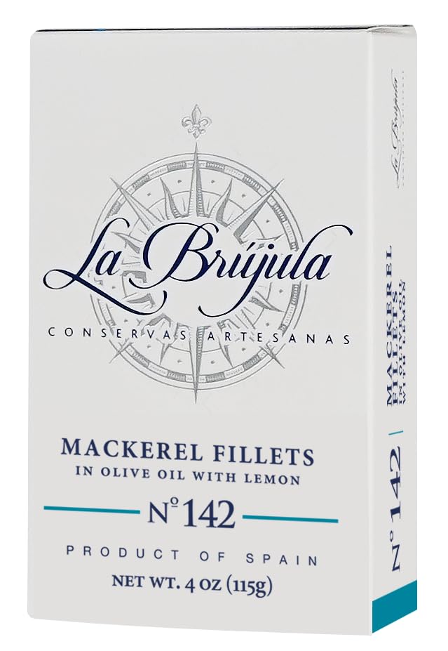 La Brújula No.142 Mackerel Fillets with Lemon in Olive Oil | 4 oz - 1 Pack | Hand-Packed Spanish Gourmet Canned Fish | Artisan Preserves | Caballa al Limón | Wild-Caught from Cantabrian Sea |
