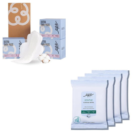 Organic Feminine Care Set: Ultra-Thin Period Pads with Wings & pH Balanced Flushable Wipes, Unscented, Regular Absorbency, Travel-Friendly, 54 Pads + 40 Wipes (10ct x 4)