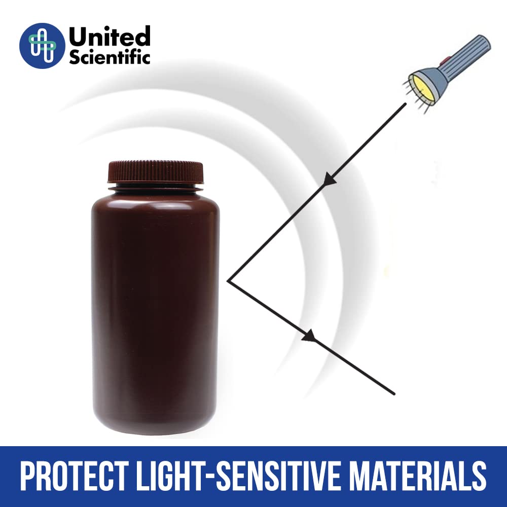 United Scientific® - Sample Containers with Lids - Amber HDPE Wide Mouth Reagent Bottle - Chemical Container - 32 oz Bottles (1000mL) Multi-Purpose Plastic Bottles with Lids, Pack of 6