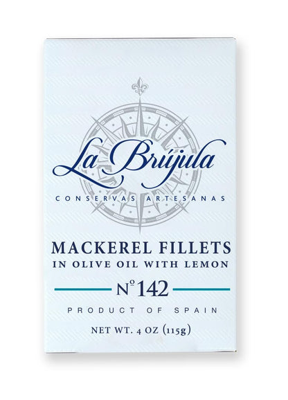 La Brújula No.142 Mackerel Fillets with Lemon in Olive Oil | 4 oz - 1 Pack | Hand-Packed Spanish Gourmet Canned Fish | Artisan Preserves | Caballa al Limón | Wild-Caught from Cantabrian Sea |
