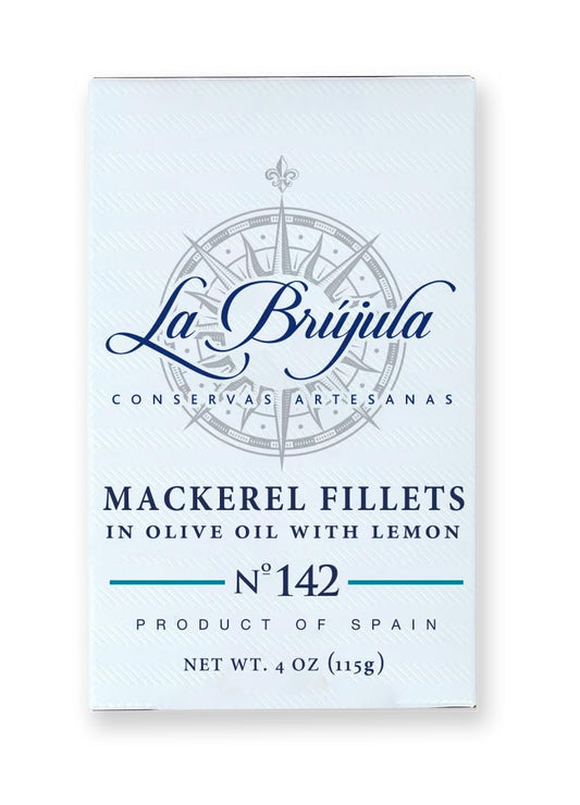 La Brújula No.142 Mackerel Fillets with Lemon in Olive Oil | 4 oz - 1 Pack | Hand-Packed Spanish Gourmet Canned Fish | Artisan Preserves | Caballa al Limón | Wild-Caught from Cantabrian Sea |