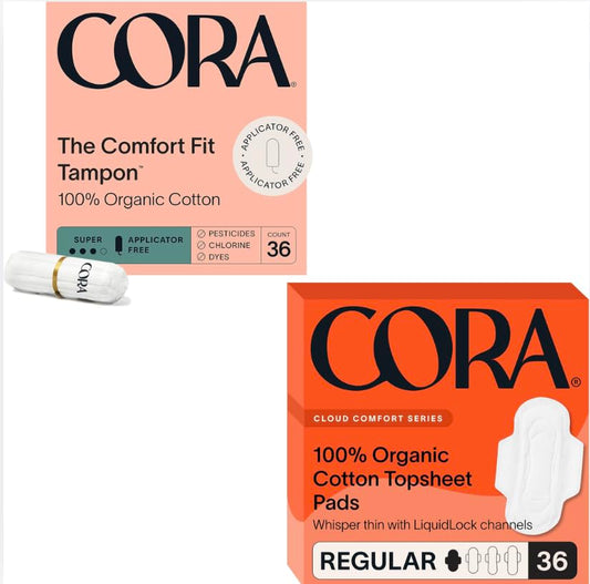 Cora Organic Feminine Care | Non-Applicator Ultra-Absorbent S/S+ Tampons & Organic Pads | Regular Absorbency | 100% Organic Cotton | Eco-Conscious | 36 Tampons & Pads