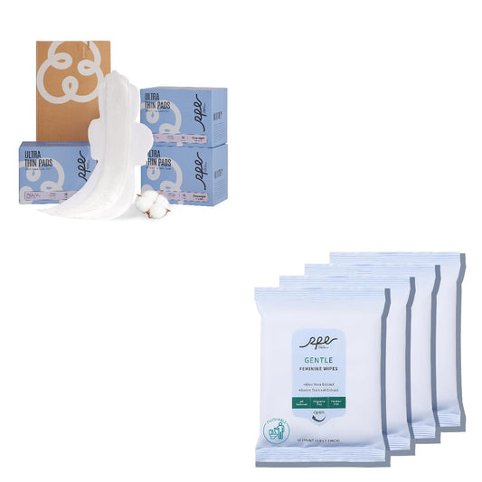 Organic Feminine Care Bundle: Large pH-Balanced Wipes & Ultra-Thin Absorbent Sanitary Pads for Women, 10ct Wipes +(Overnight, Size 5, 36 Ct)