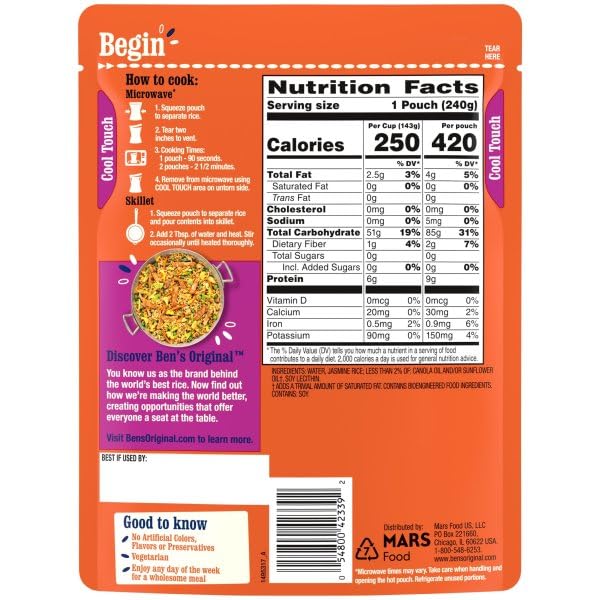 BEN'S ORIGINAL Ready Rice Jasmine Rice, Easy Dinner Side, 8.5 oz Pouch (Pack of 12)