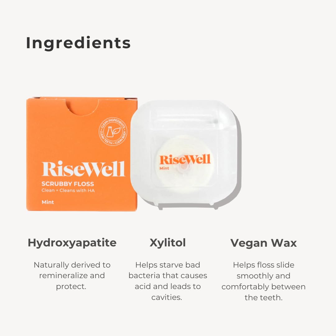 RiseWell Scrubby Tooth Floss - Natural PFAS Free Dental Floss for Teeth with Hydroxyapatite and Xylitol - Dentist-Formulated Plaque Remover for Teeth - Vegan, Natural, Expanding, Mint Waxed, 30 Yards