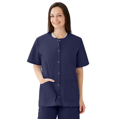 Medline AngelStat Women's Snap-Front Jewel-Neckline Scrub Top, 2 Pockets, Navy, Size X-Large