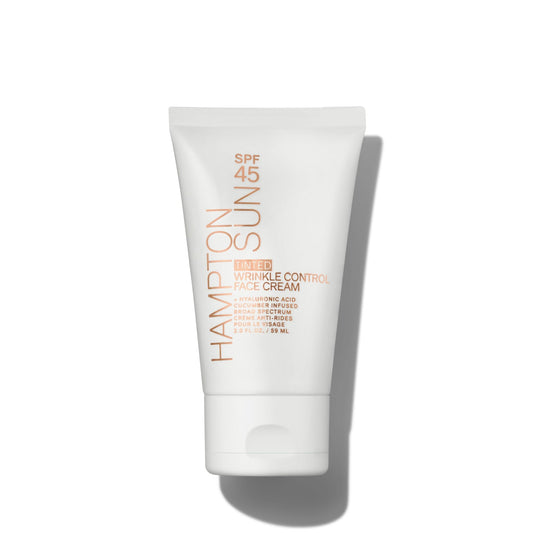 Hampton Sun SPF 45 Tinted Wrinkle Control Face Cream. Daily Moisturizer + Sunscreen. Light, Blendable Coverage. Dewy, Glowy Finish. Hyaluronic Acid + Organic Cucumber Extract Plumps + Brightens