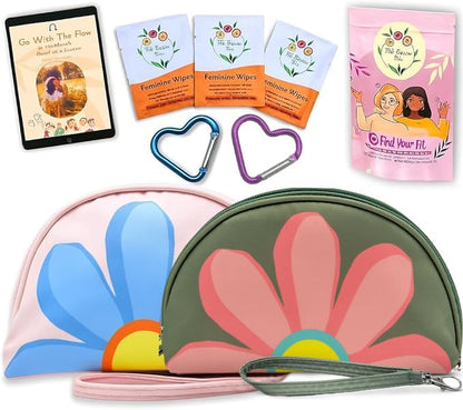 The Bloom First Period Kit for Girls 9-12 – 32 PC Tween Starter Kit with Cute Sanitary Napkin Storage Bag - Portable Waterproof Emergency Pad Pouch, (Pink & Green)
