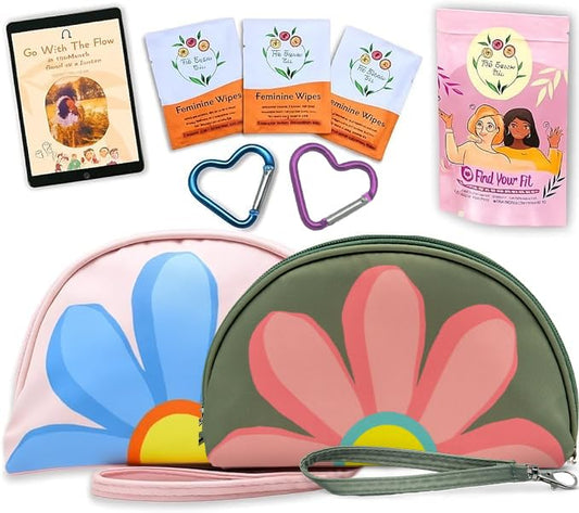 The Bloom First Period Kit for Girls 9-12 – 32 PC Tween Starter Kit with Cute Sanitary Napkin Storage Bag - Portable Waterproof Emergency Pad Pouch, (Pink & Green)