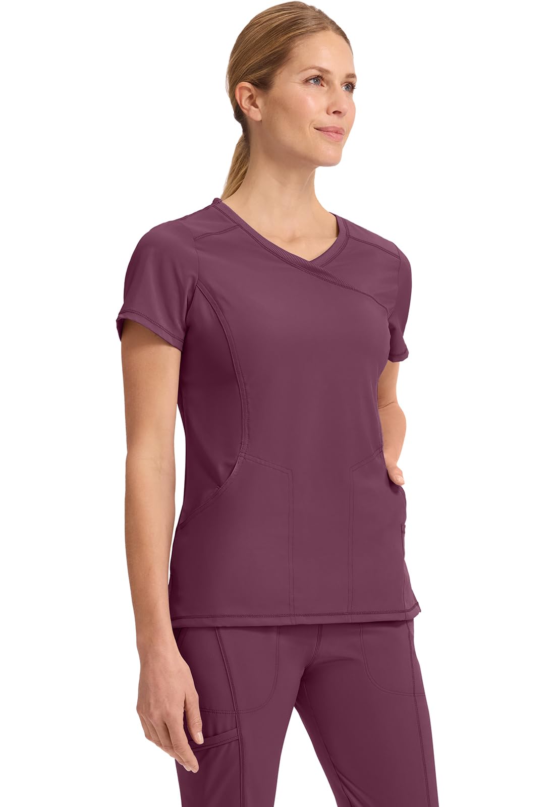 Cherokee Infinity Womens Mock Wrap Scrub Top, 4 Pockets, Rib-Knit Panel, Moisture-Wicking 360° Stretch - 2625A