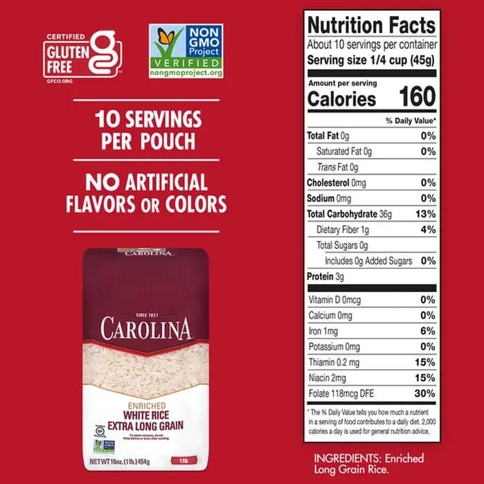 Carolina Enriched Rice Extra Long Grain Gluten Free 16 Oz. Pack Of 3.