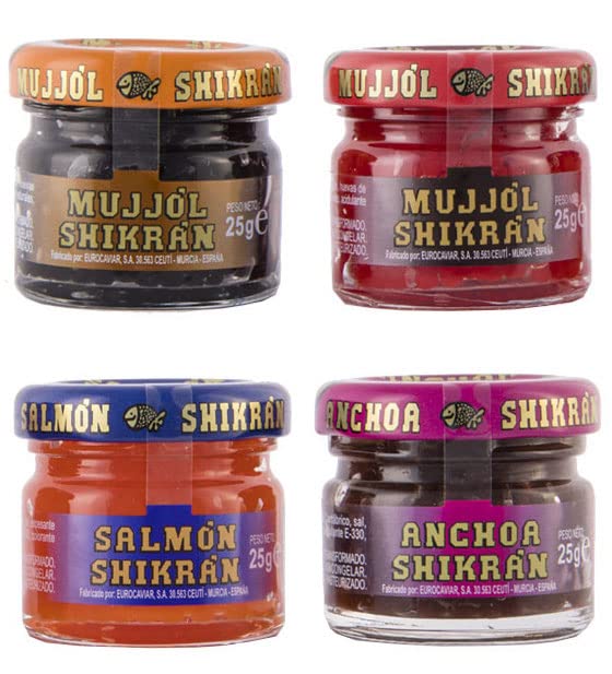 Eurocaviar - Shikran - Sampler pack: 4 x 0.88 oz Mullet Roe Black Caviar Pearls + Mullet Roe Red Caviar Pearls + Smoked Salmon Caviar Pearls + Anchovies Caviar Pearls