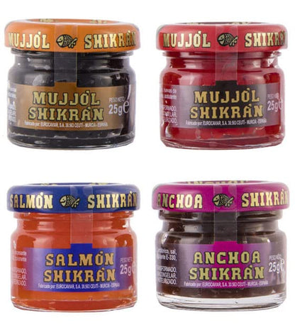 Eurocaviar - Shikran - Sampler pack: 4 x 0.88 oz Mullet Roe Black Caviar Pearls + Mullet Roe Red Caviar Pearls + Smoked Salmon Caviar Pearls + Anchovies Caviar Pearls