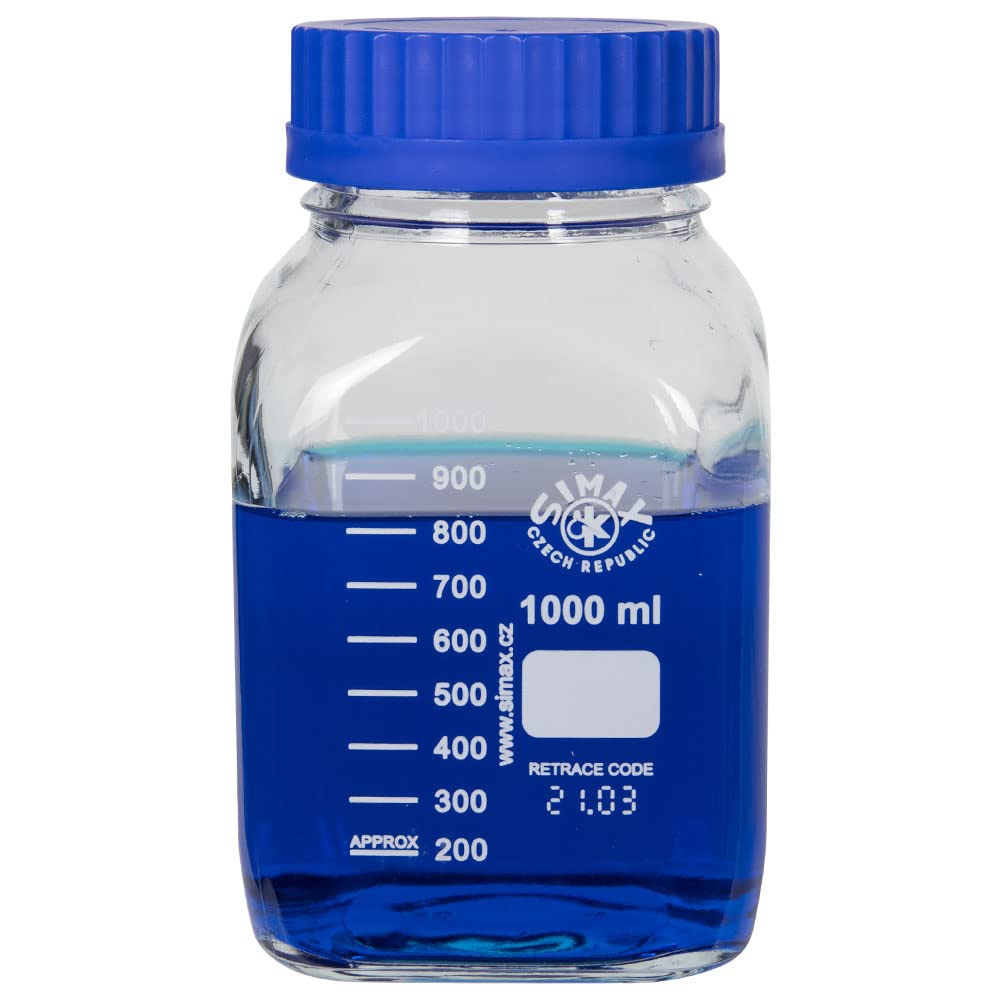 United Scientific™ SIMAX BSWM1000 GL80 Media/Storage Bottles, Wide Mouth, Square, 3.3 Borosilicate Glass, 1000mL (1L), 1 Each