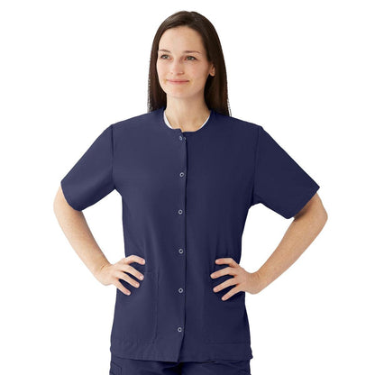 Medline AngelStat Women's Snap-Front Jewel-Neckline Scrub Top, 2 Pockets, Navy, Size X-Large