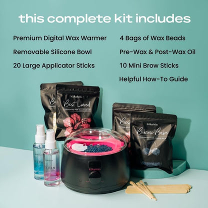 KoluaWax Premium Waxing Kit for Women - Beginner Friendly - Complete Wax Kit that includes 14oz of Wax Beads, Applicator, Pre and Post Care, Suitable for Sensitive Skin (Black)