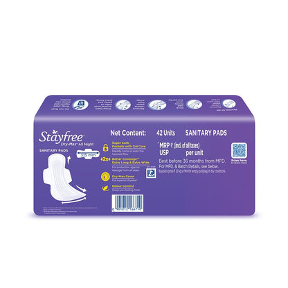 Stayfree Dry Max All Night XL Dry Cover Sanitary Pads For Women With Wings, 42 pieces