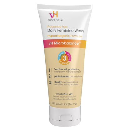 vH Essentials Daily Feminine Wash - 6 Fl Oz - Fragrance-Free, Odor Eliminating Body & Vaginal Wash with Tea Tree Oil, Prebiotics and Lactic Acid for pH Balance, Odor Defense and Vaginal Health