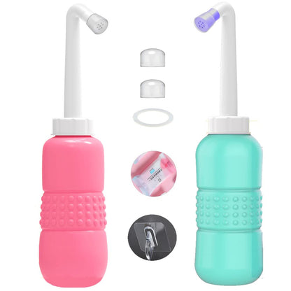Wolfbeam Portable Hand-held Vulva and Anus Cleaner and Personal Health Vaginal Washing Container, Travel Urinal Spray Scrubber for Personal Hygiene (Pink+Green 450ML)