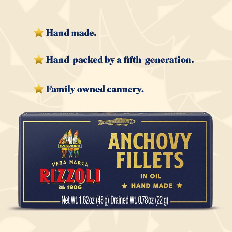 MANGIAR BENE RIZZOLI | Anchovy Fillets in Olive | Hand Made | MSC-Certified Sustainable Seafood, High Protein, Gluten Free | 1.62 Ounce (46 Gr.) (Pack of 1)