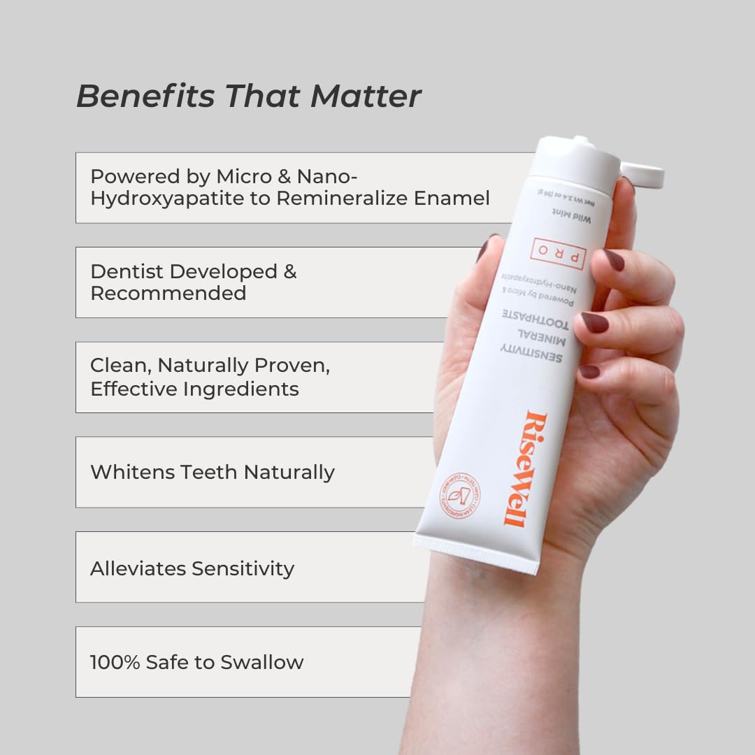RiseWell PRO Mineral Toothpaste - Micro & Nano Hydroxyapatite Toothpaste for Tooth Remineralization & Alleviate Sensitivity - No Added Fluoride, Safe to Swallow, Natural Teeth Whitening (Wild Mint)
