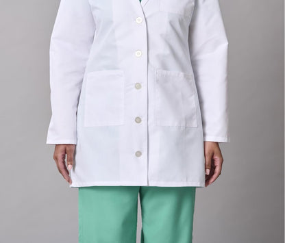 Medline Women's Lab Coat, Staff Length, 5-Button Front with Long Sleeves, 3 Functional Pockets & Reinforced Pen Pocket, Professional Medical Coat for Women, White, Small, 1 Count