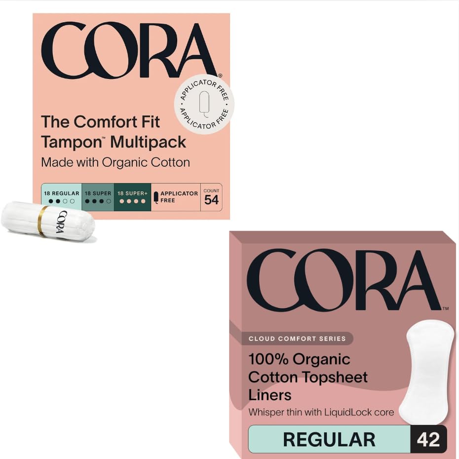 Cora Organic Period Essentials | 100% Organic Cotton Liners & Tampons | Ultra-Thin, Quick Absorbency | Hypoallergenic, Dermatologically Tested | Eco-Conscious | 42 Liners & 54 Tampons