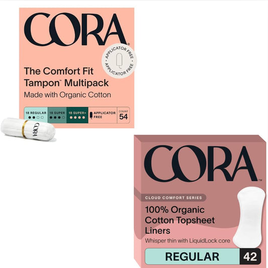Cora Organic Period Essentials | 100% Organic Cotton Liners & Tampons | Ultra-Thin, Quick Absorbency | Hypoallergenic, Dermatologically Tested | Eco-Conscious | 42 Liners & 54 Tampons