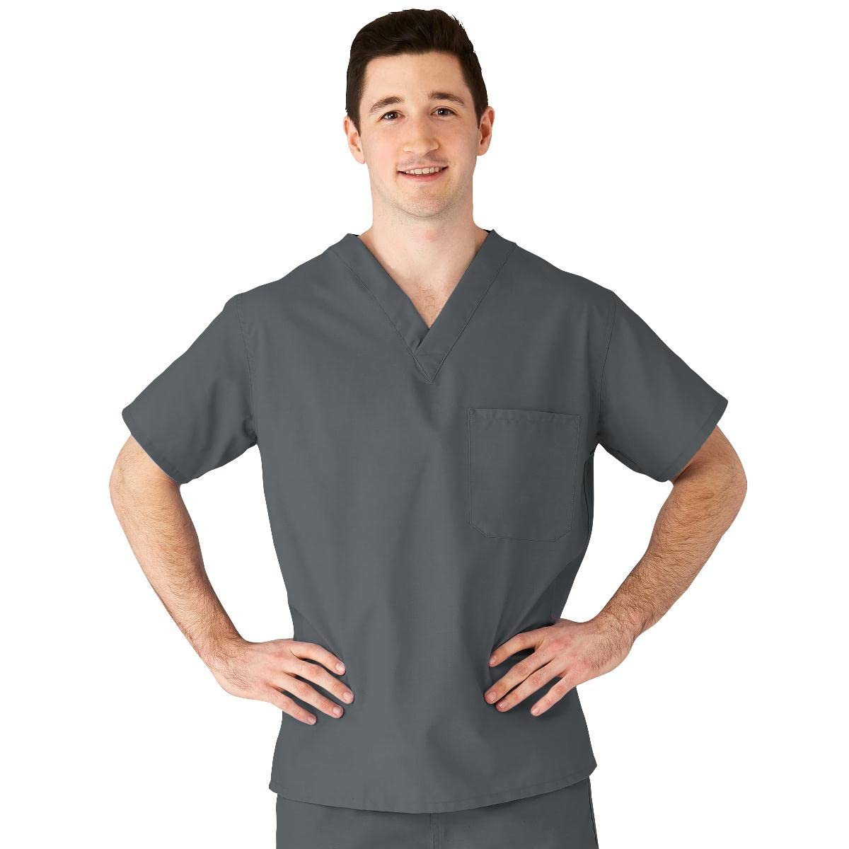 Medline 610NCCXS-CM AngelStat Unisex Reversible V-Neck Scrub Top with 2 Pockets, Charcoal, X-Small