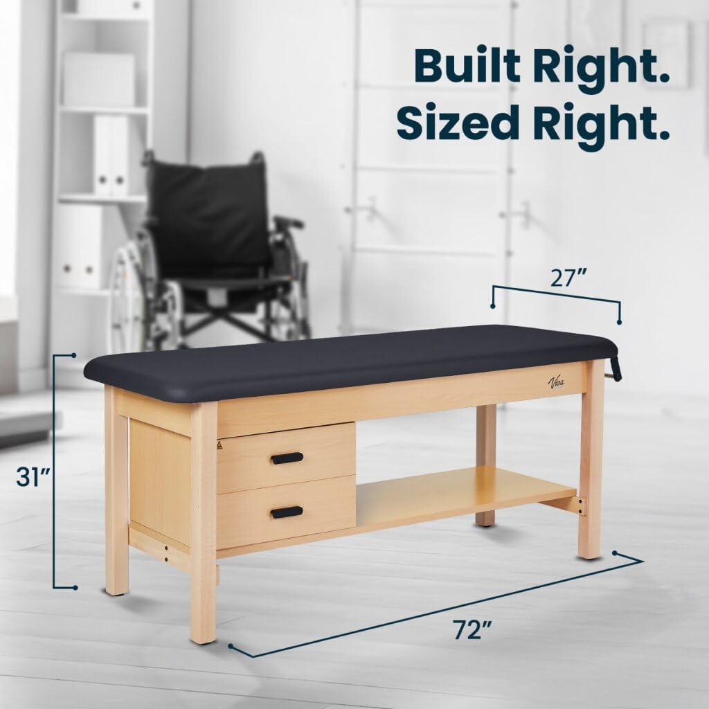 Aristo H-Brace Wooden Flat Treatment Table with Shelf and Drawers, 500 lbs Weight Capacity, Black