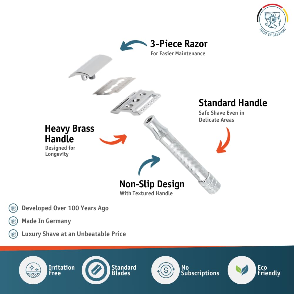 MERKUR 33C Double Edge Safety Razor, Three-Piece Design, Closed Comb, Short Handle, Bright Chrome Finish, Made in Germany