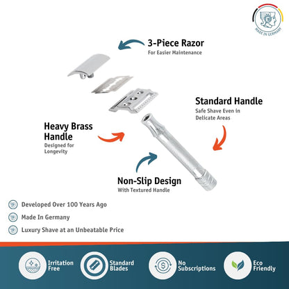 MERKUR 33C Double Edge Safety Razor, Three-Piece Design, Closed Comb, Short Handle, Bright Chrome Finish, Made in Germany