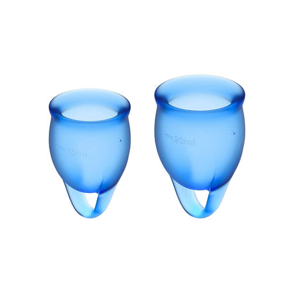 Satisfyer Feel Confident Menstrual Cup - Reusable Period Cup with Removal Ring - Soft, Flexible Body-Safe Silicone, Easy Insertion & Removal - Includes 2 Cup Sizes for All Flows (Dark Blue)