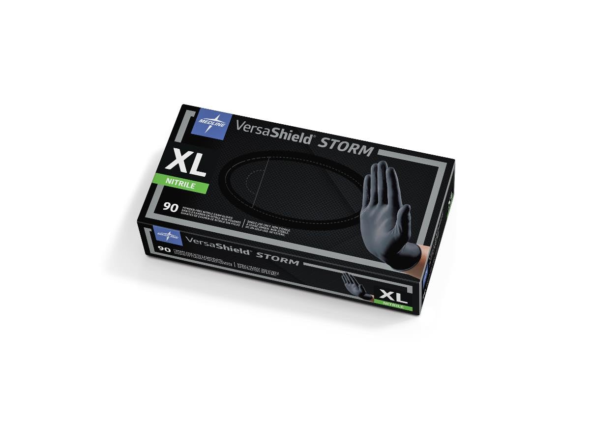 Medline VersaShield Storm Non-Sterile, Powder-Free, Latex-Free, Nitrile Exam Gloves, 9" Length, Extra Large, Black (Pack of 900)