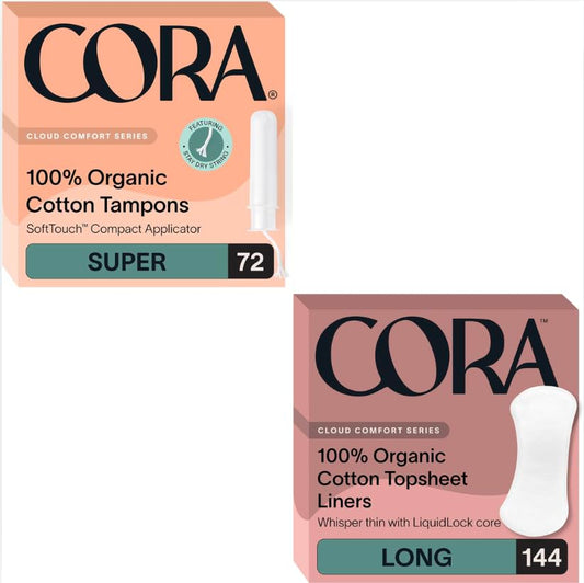 Cora Organic Period Essentials | Super Absorbency Applicator Tampons & Long Organic Cotton Liners | 100% Organic, Unscented, Hypoallergenic | Quick Absorbency, Dermatologically Tested | Leak Protectio