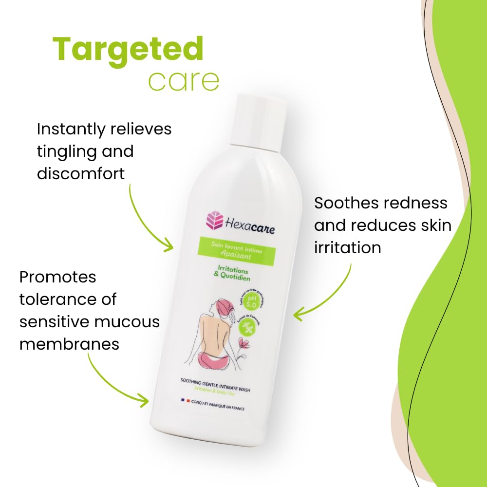 Hexacare Feminine Wash for Sensitive Skin – pH Balanced Intimate Wash, Soothing Cleansing Gel, Helps with Irritation & Discomfort, Soap-Free, Made in France, 6.7 Fl Oz
